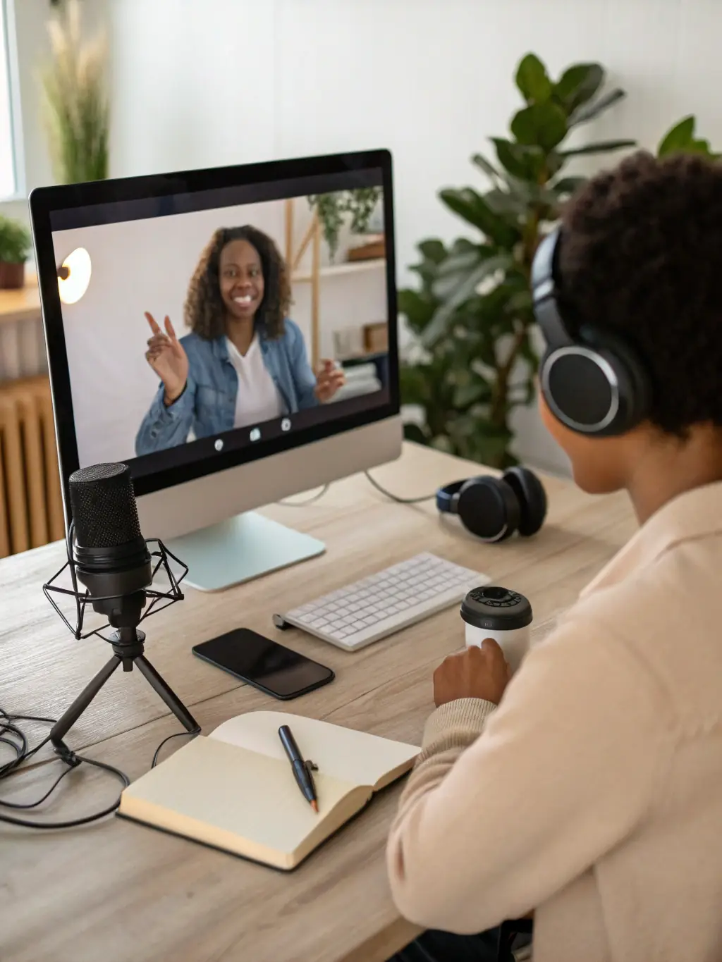 A customer support representative assisting a client with website changes via a video call.