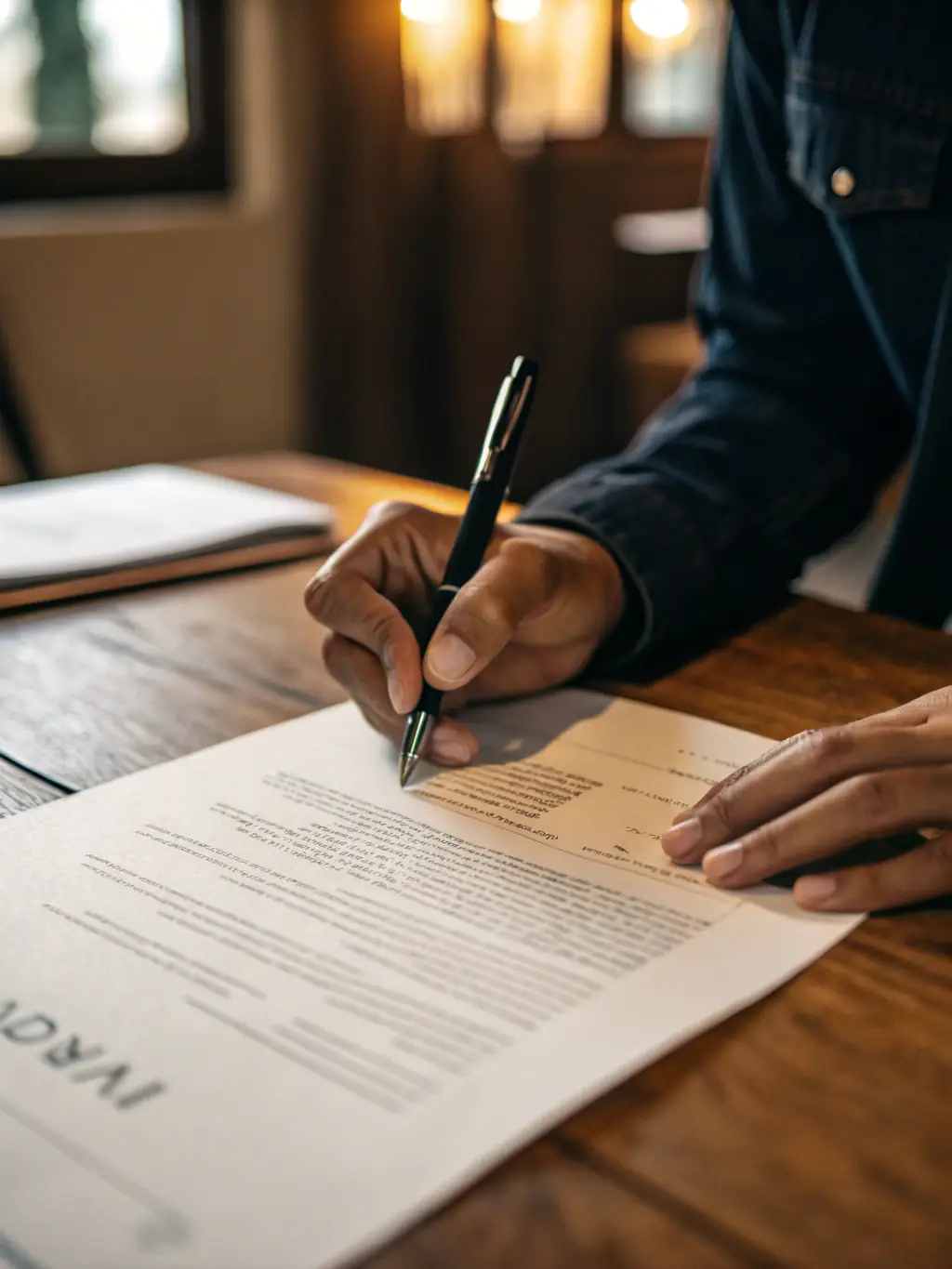 A close-up shot of a hand signing a document with a pen, symbolizing agreement and understanding of terms and conditions, set against a blurred background of a modern office environment.