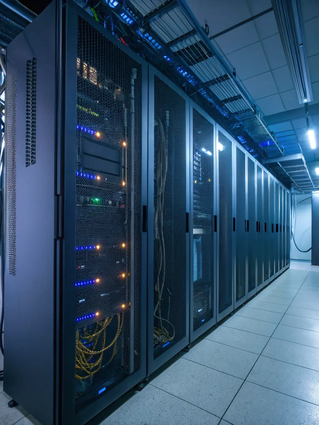 A server rack with blinking lights in a data center, representing reliable hosting infrastructure, with a subtle overlay of the Nero Niche logo.