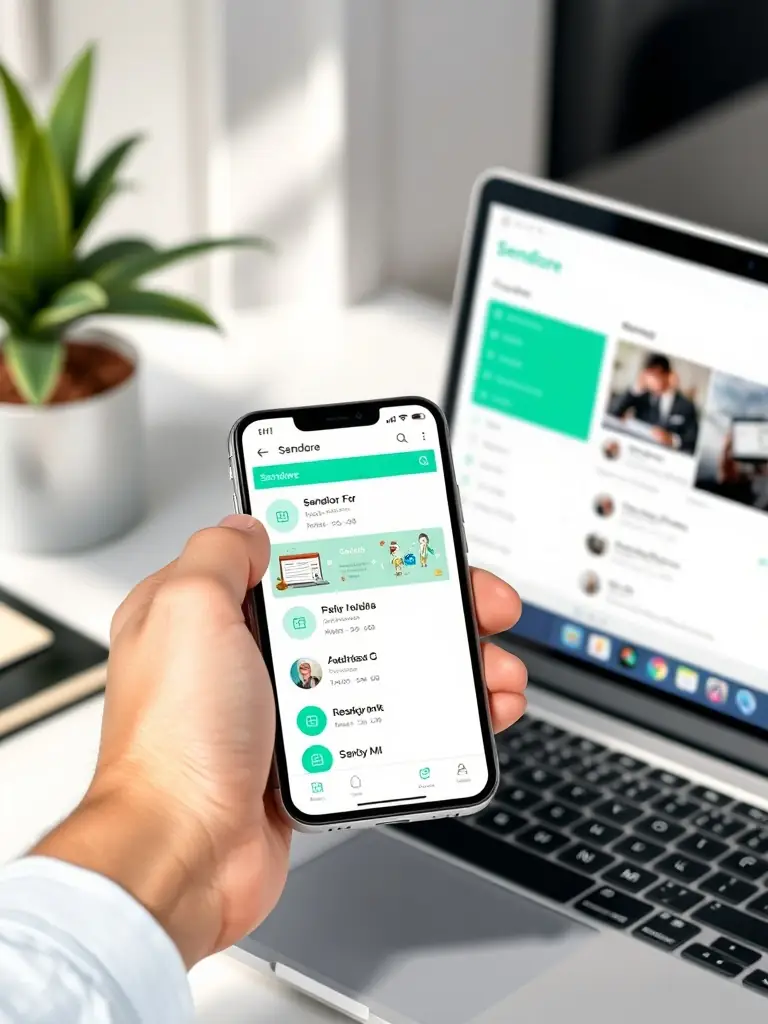 A hand holding a smartphone and a laptop open to Sendlore, both displaying synchronized content, with emerald green accents and clean UI.