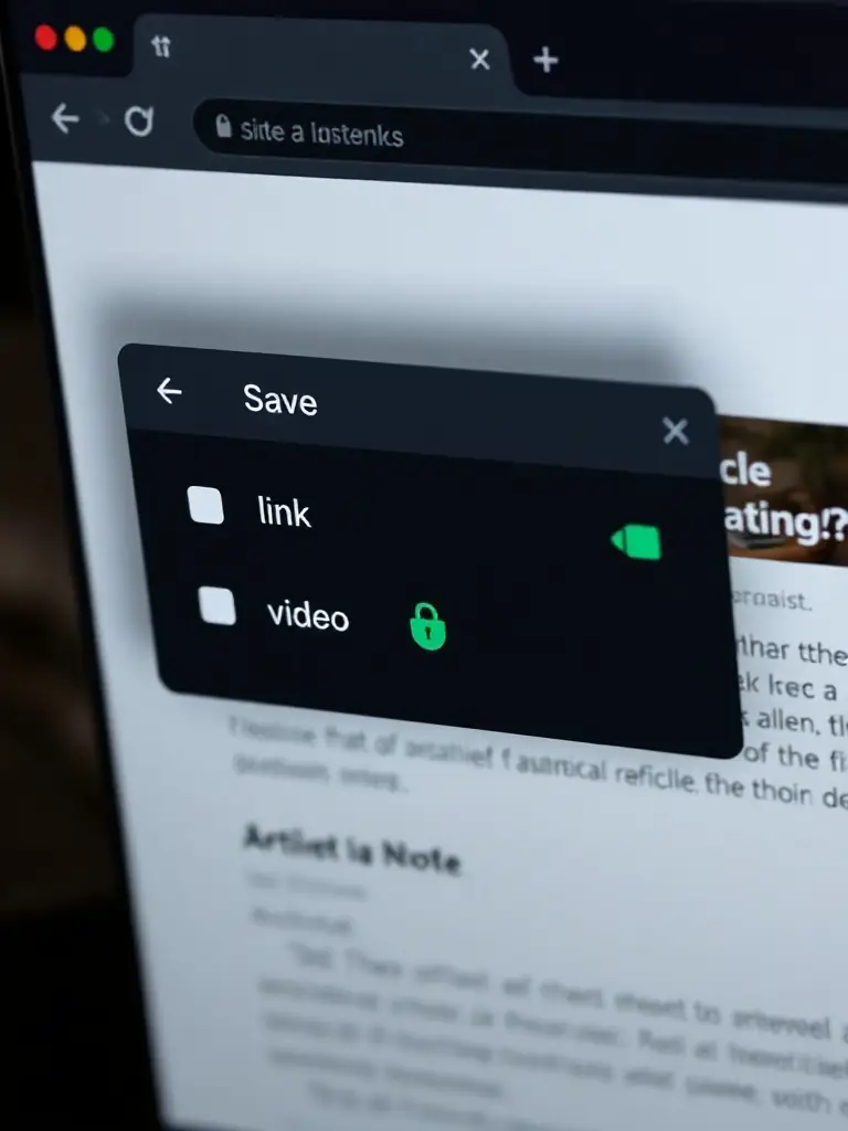 A stylized screenshot of the Sendlore save dialog overlaying a web article, with toggles for link, video, and note, and privacy lock icon, all in a dark UI with emerald green accents.