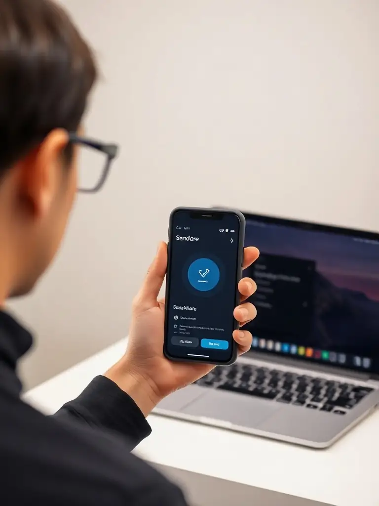 A hand holding a smartphone displaying Sendlore’s mobile app, with a laptop and tablet in the background, all showing synchronized content in the same dark UI.