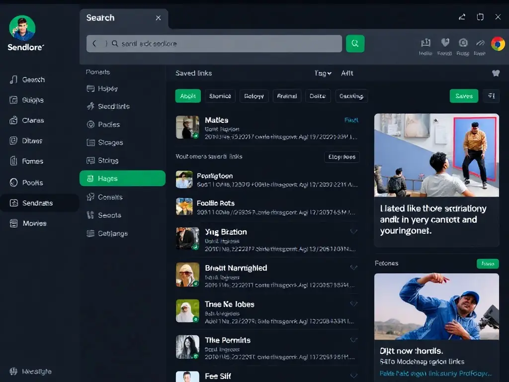A dark-themed UI screenshot showing the Sendlore app with an open sidebar, a search bar, and a list of saved links and notes, with emerald green highlights and clean card layouts.