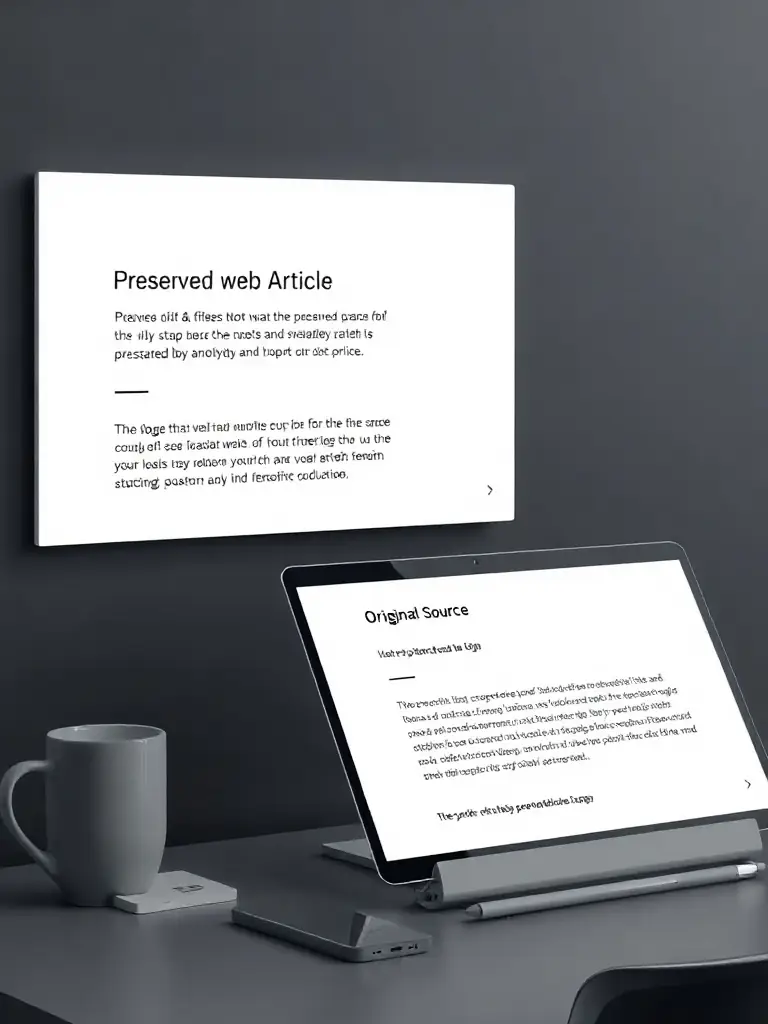 A digital workspace with a preserved web article, original source link, and citation details, all displayed on a modern card UI with subtle gradients.