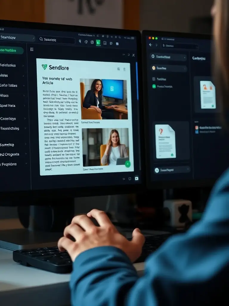 A close-up of a user capturing a web article, video, and PDF into Sendlore on a sleek dark-themed desktop interface, with emerald green highlights and clear organization panels.