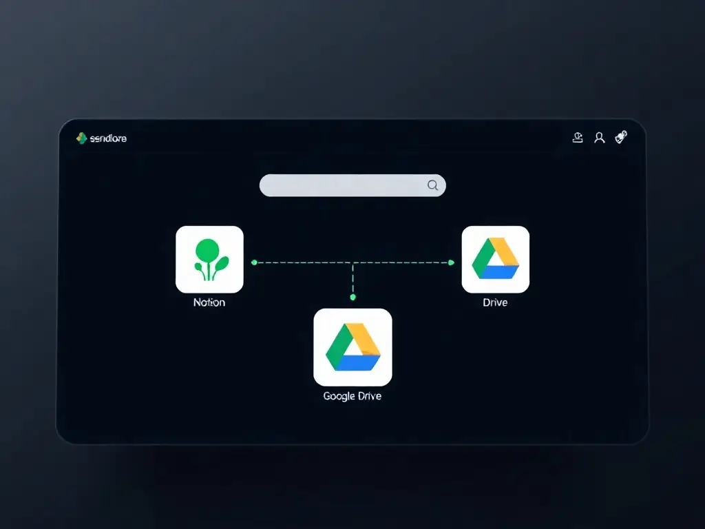 A modern interface concept of Sendlore displaying seamless integration with popular productivity tools like Notion and Google Drive, set against a premium dark background with subtle green accents.