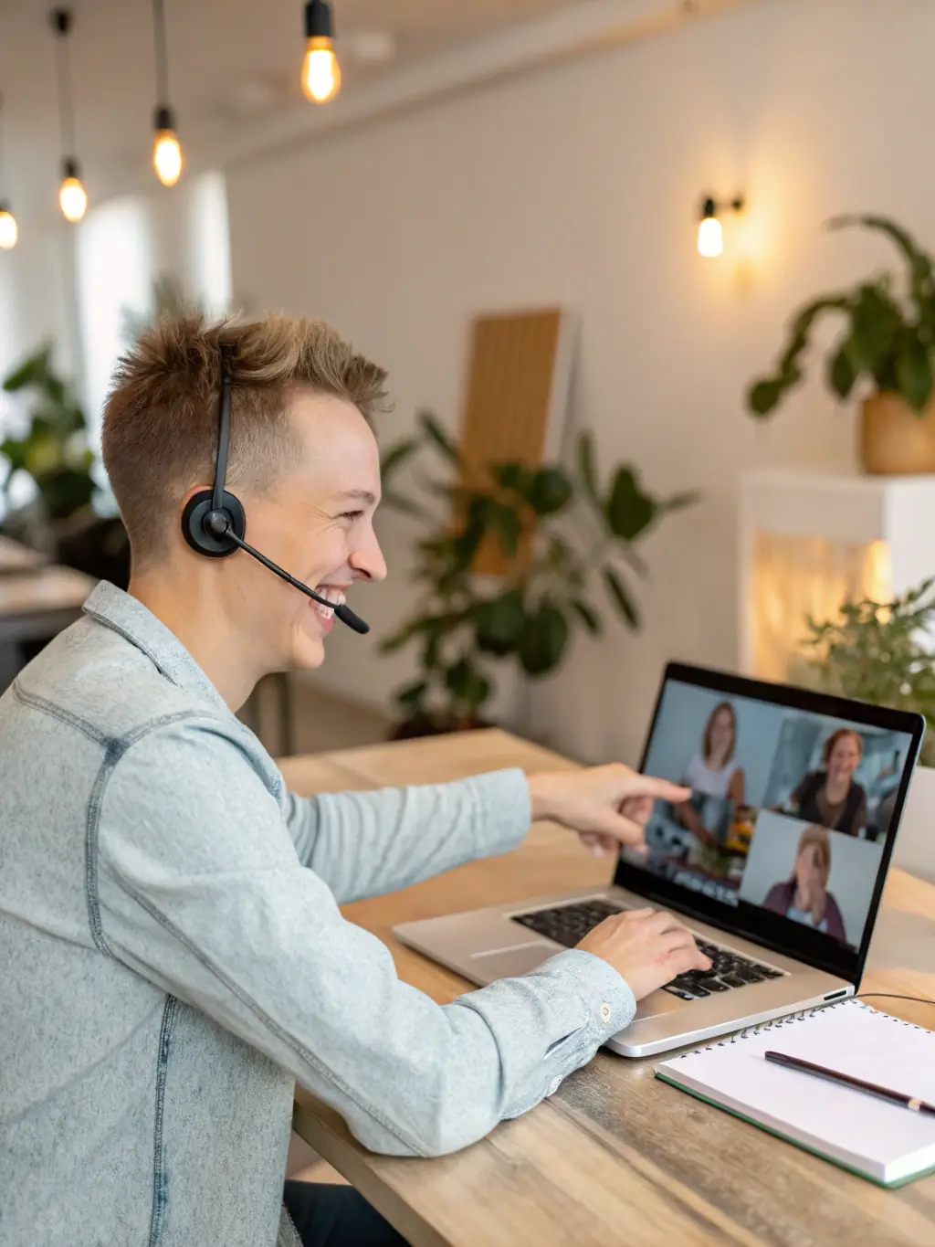 A professional headset-wearing support agent at a modern desk, surrounded by tech gadgets, conveying expert assistance for customers.
