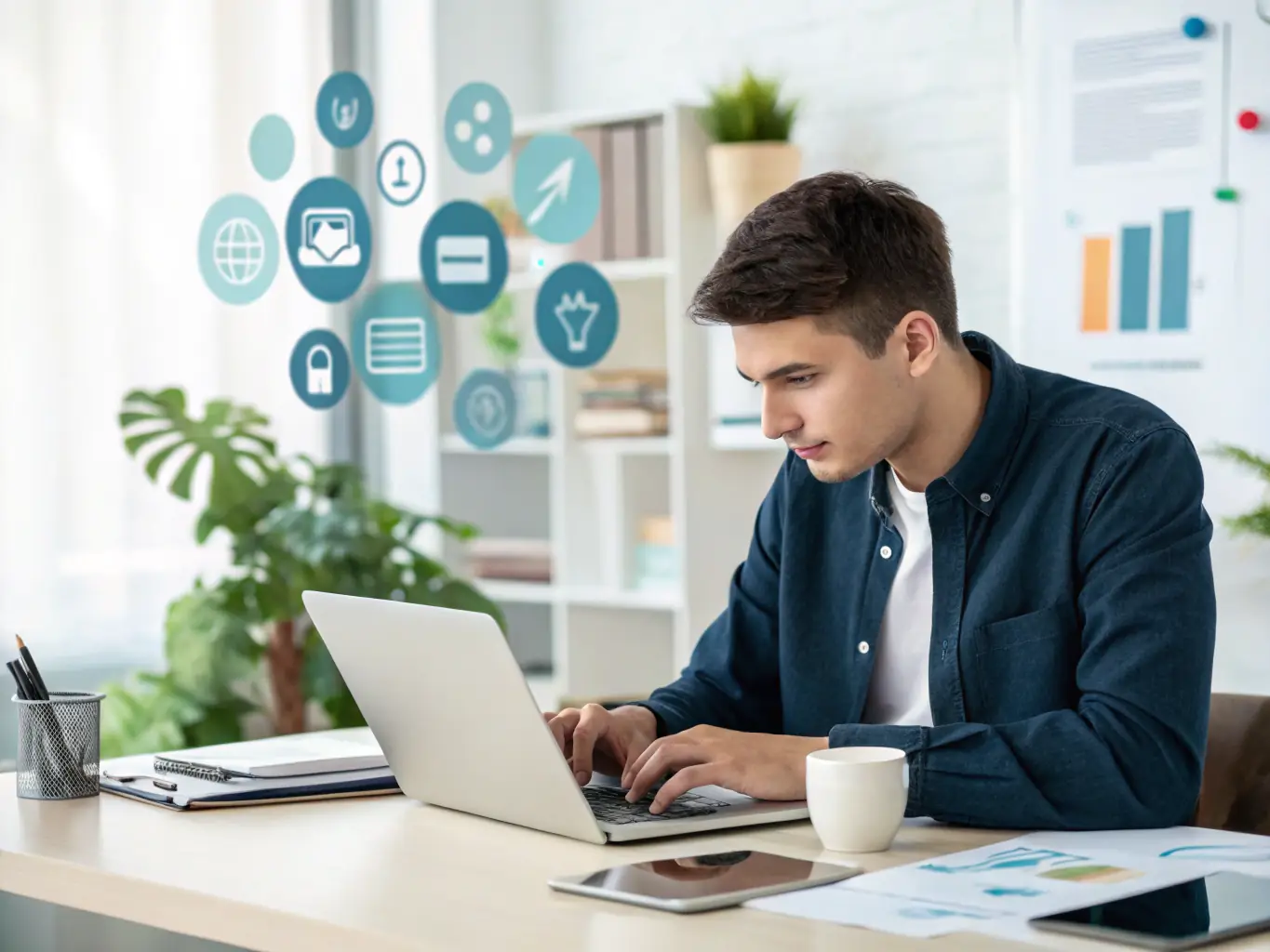 A focused digital workspace showing a content creator saving articles, videos, and social posts into a sleek, dark-themed app interface with emerald green highlights, representing efficient content capture and organization.