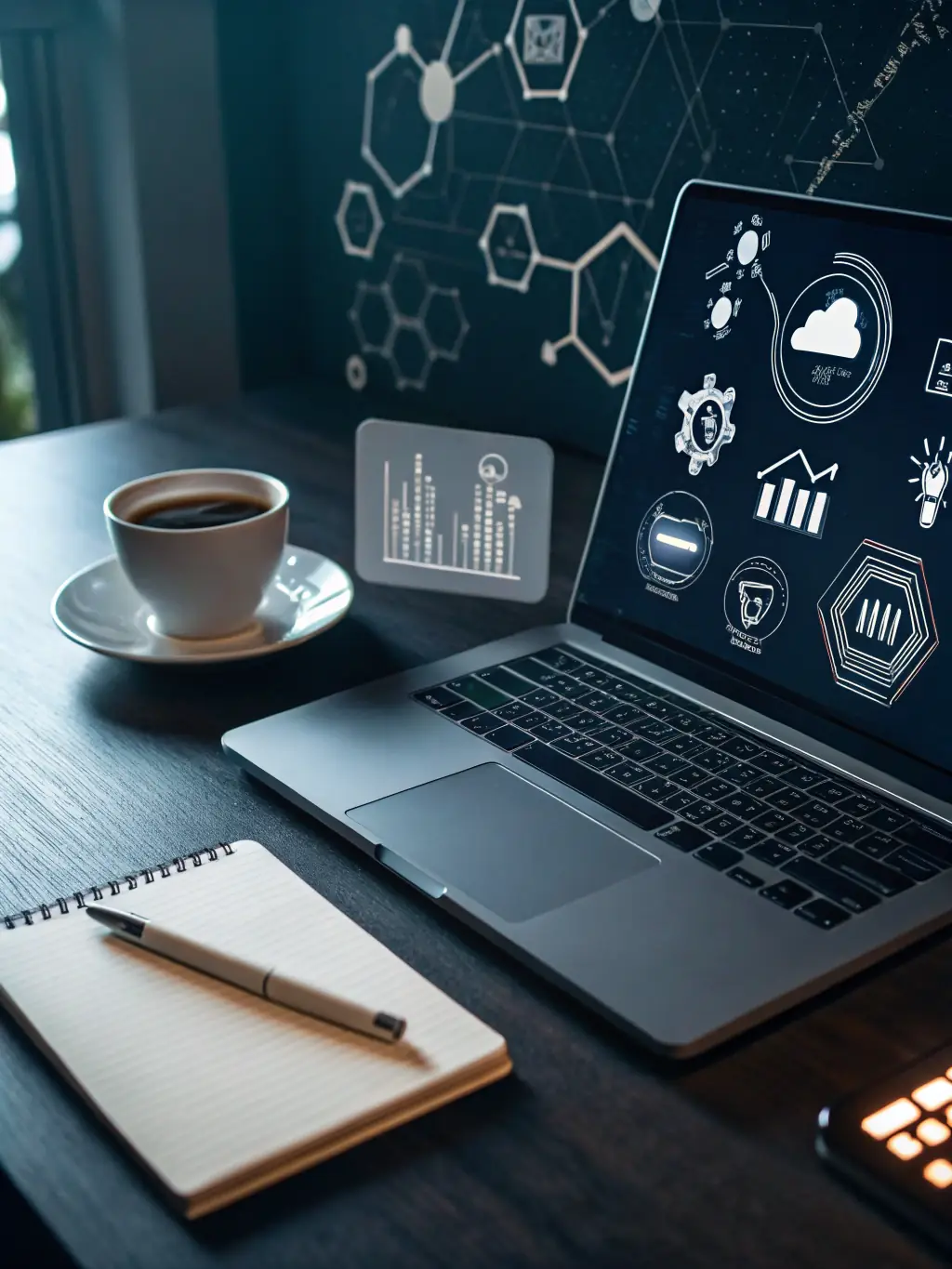 A sleek, dark-themed concept sketch of a cross-app AI assistant overlaying multiple productivity tools, with emerald green highlights and subtle gradients, representing a futuristic Nero Niche feature.