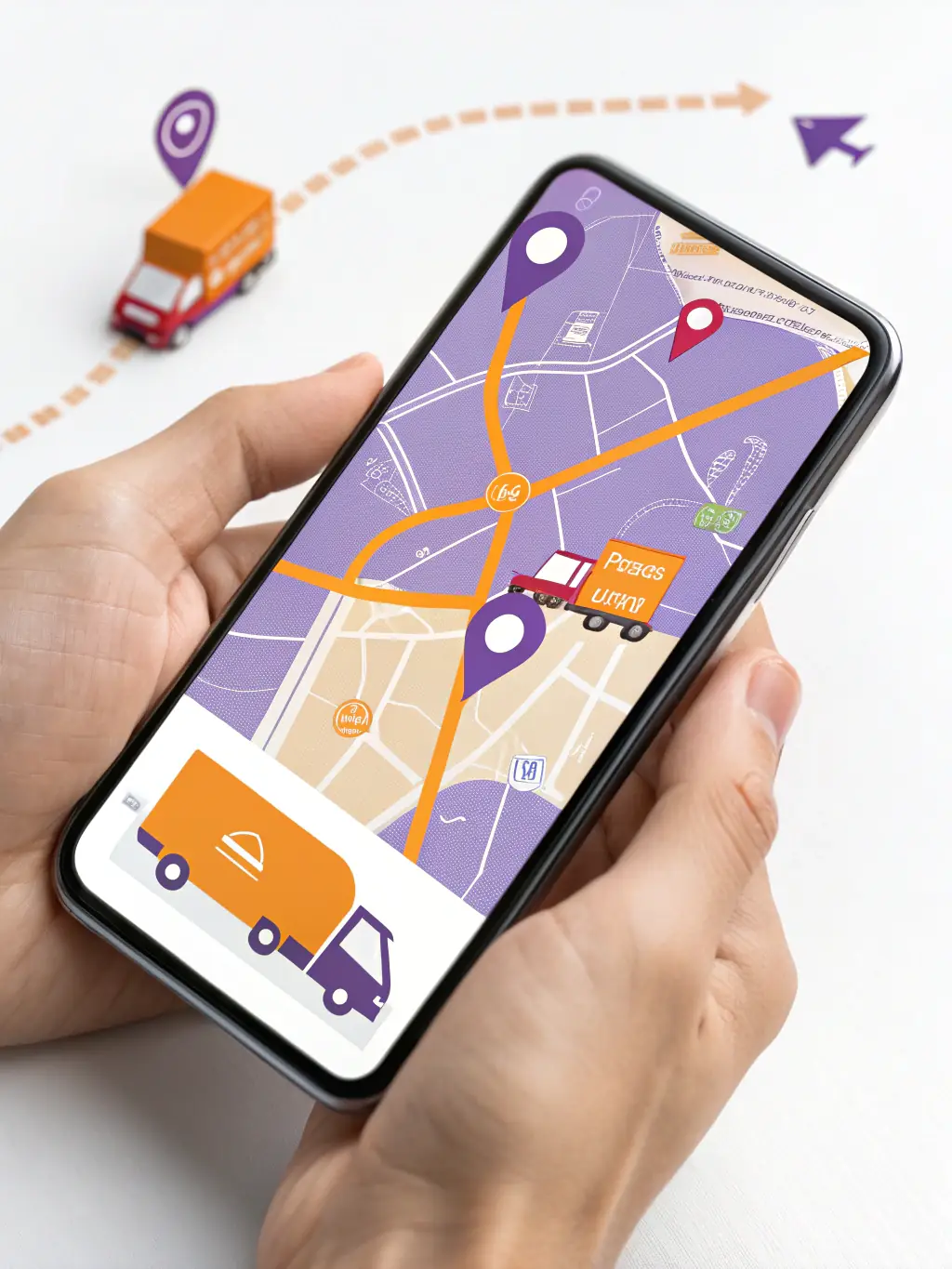 A modern, minimalist illustration of a delivery van with a location pin and tracking lines, set against a clean white background, representing tracked shipping for tech gadgets.