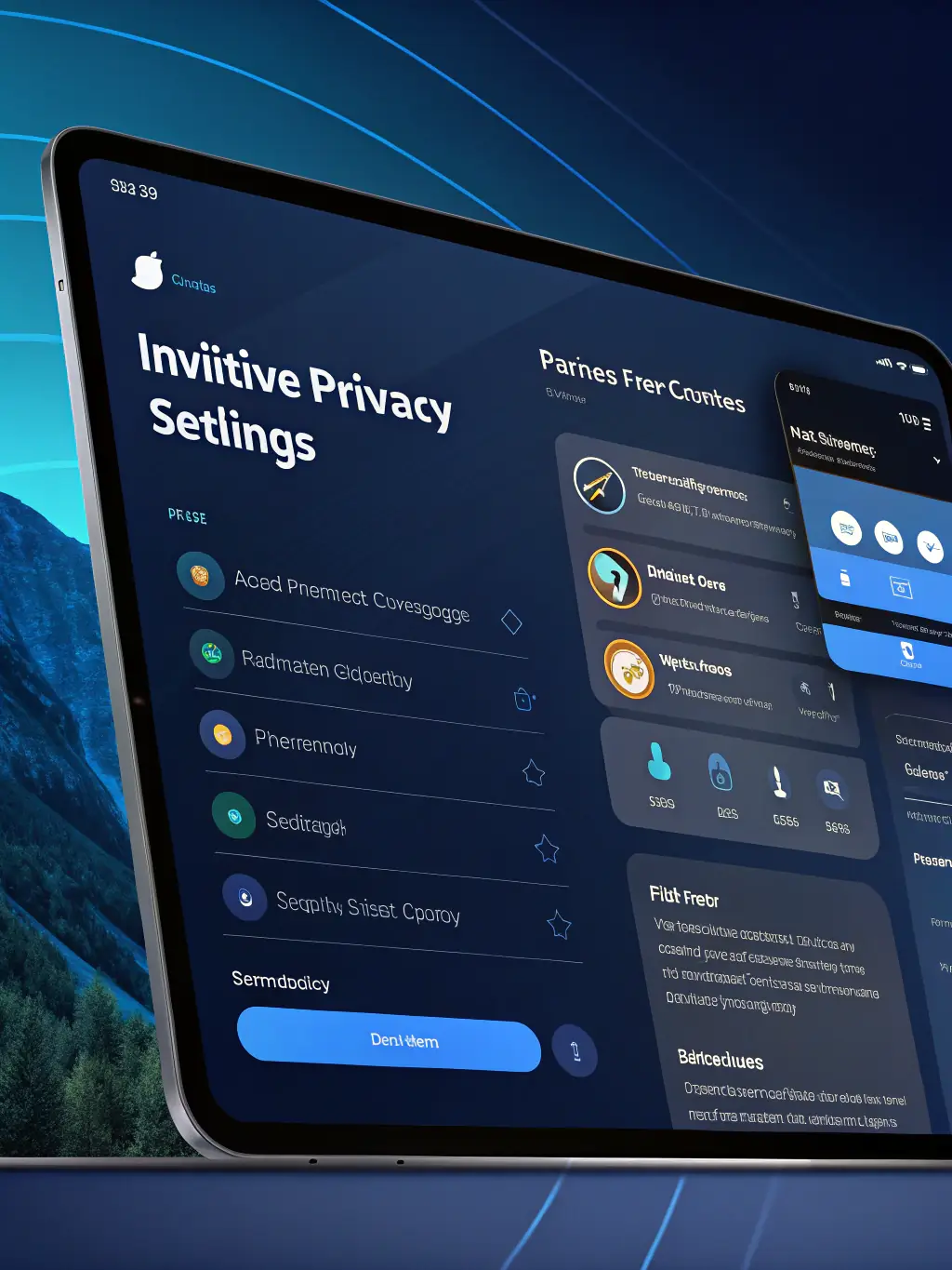 A dark UI concept of a privacy dashboard with toggles and analytics, featuring clear white text and green accent highlights, symbolizing user control and transparency.