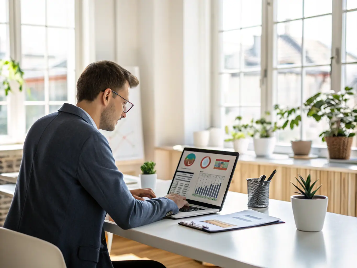 A tech founder at a desk, saving pitch decks, investor emails, and product feedback into a sophisticated, dark UI with green accents, illustrating organized business knowledge management.