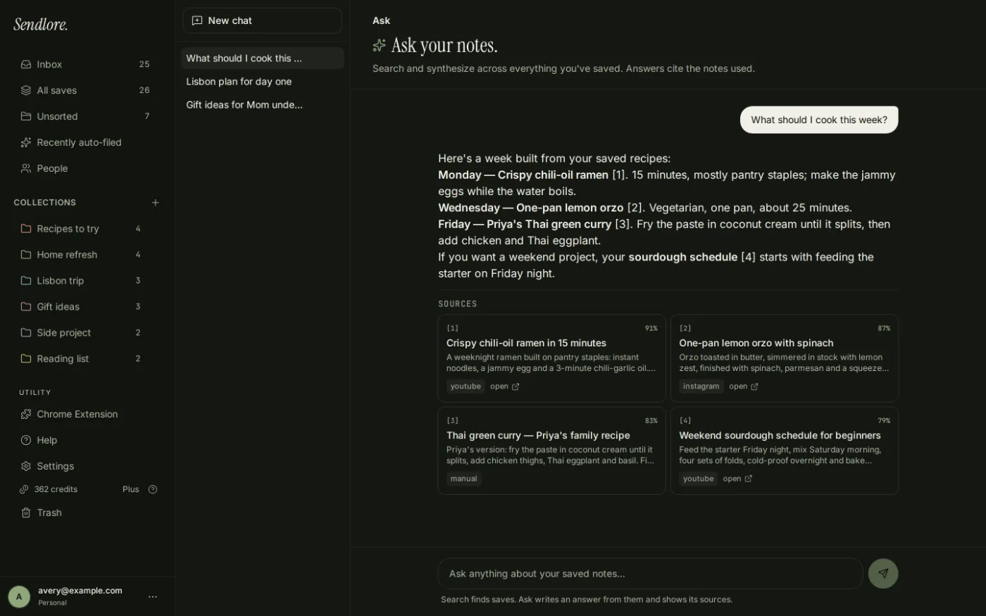 Sendlore Ask answer built from saved notes, with numbered links to each source