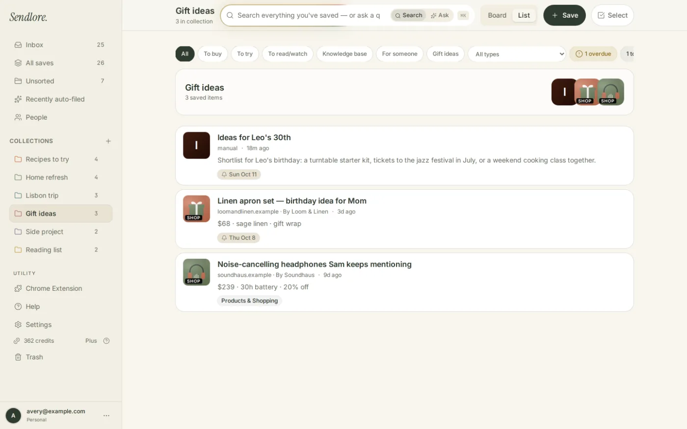 Sendlore Gift ideas collection with saved product links