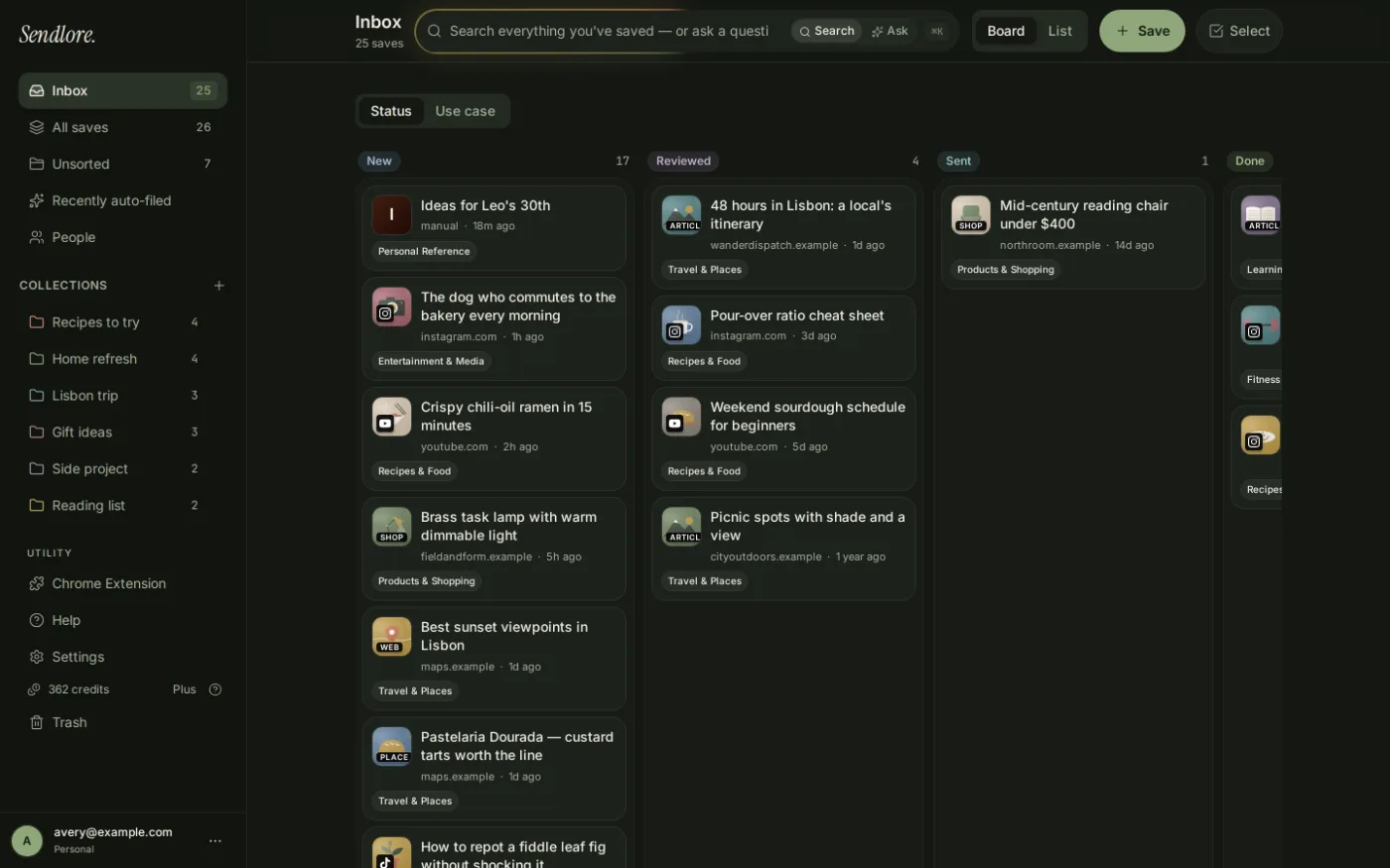 Sendlore inbox showing saved recipes, travel ideas, reading and other items organized in a dark interface