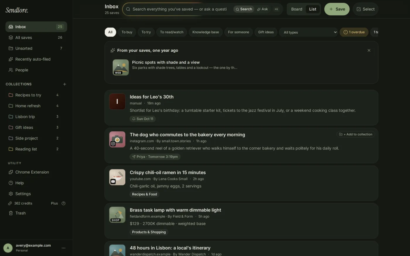 Sendlore inbox list with saved Instagram, YouTube and shopping links and their summaries