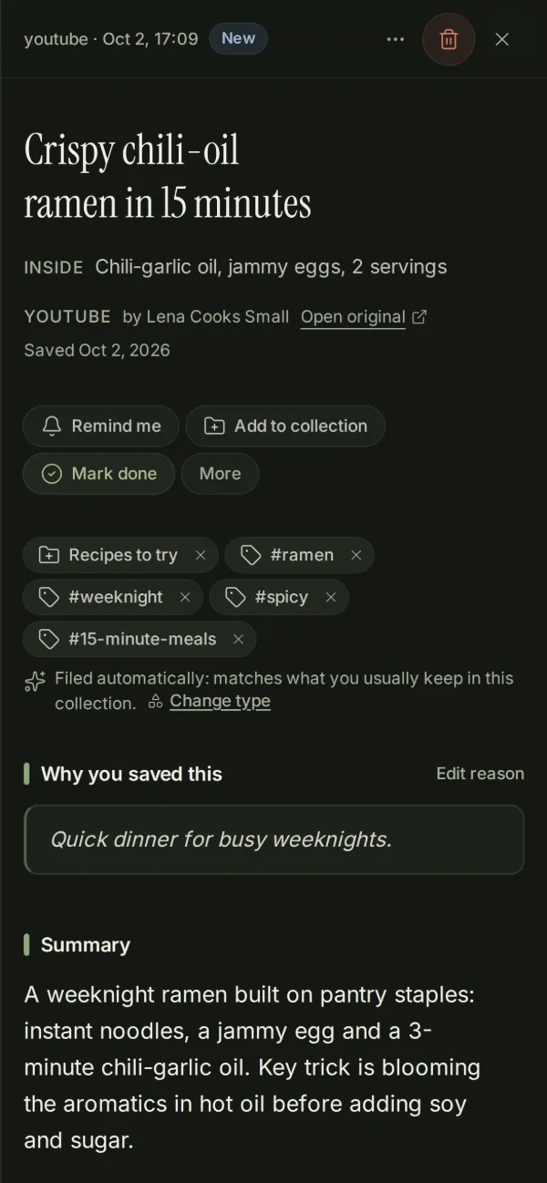 A Sendlore note open in a phone browser, dark theme