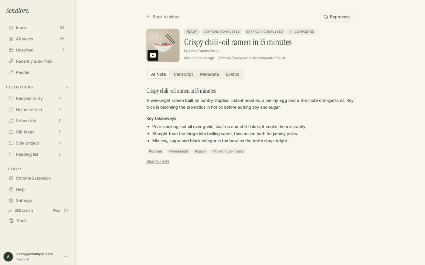 A saved YouTube video in Sendlore with its summary, key takeaways and transcript tab