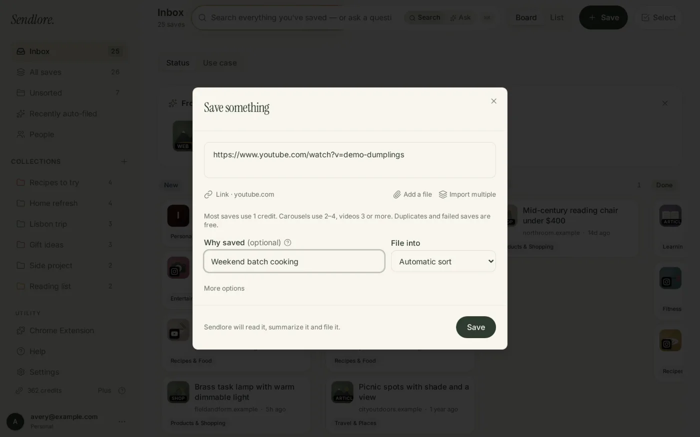 Sendlore save dialog with a link and a Why I saved this field