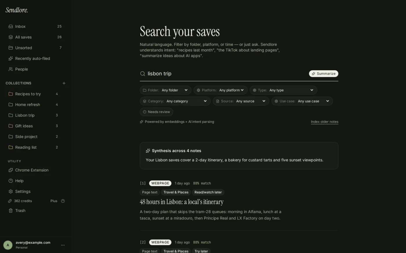 Sendlore search results for lisbon trip with a short synthesis across four saved notes