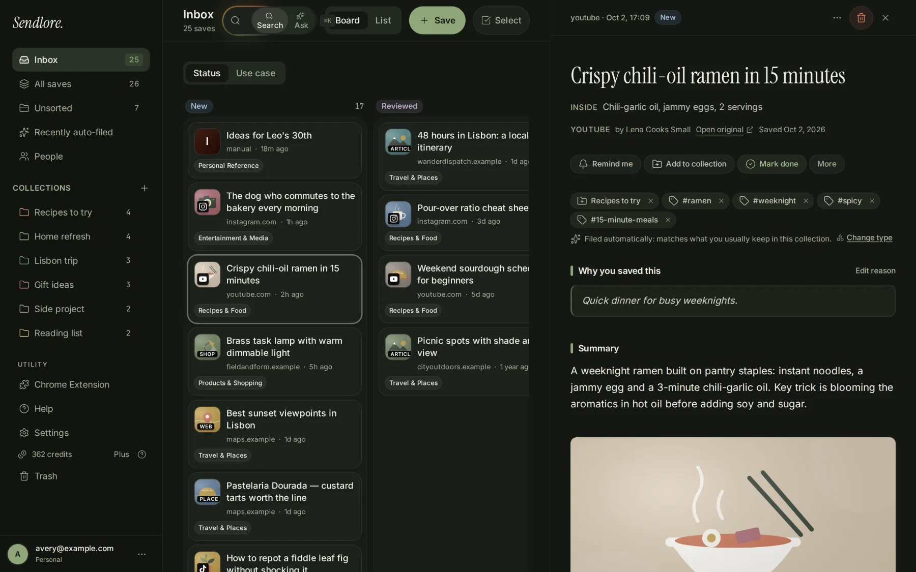 Sendlore saved item showing the user's reason for saving it, summary, and collection context